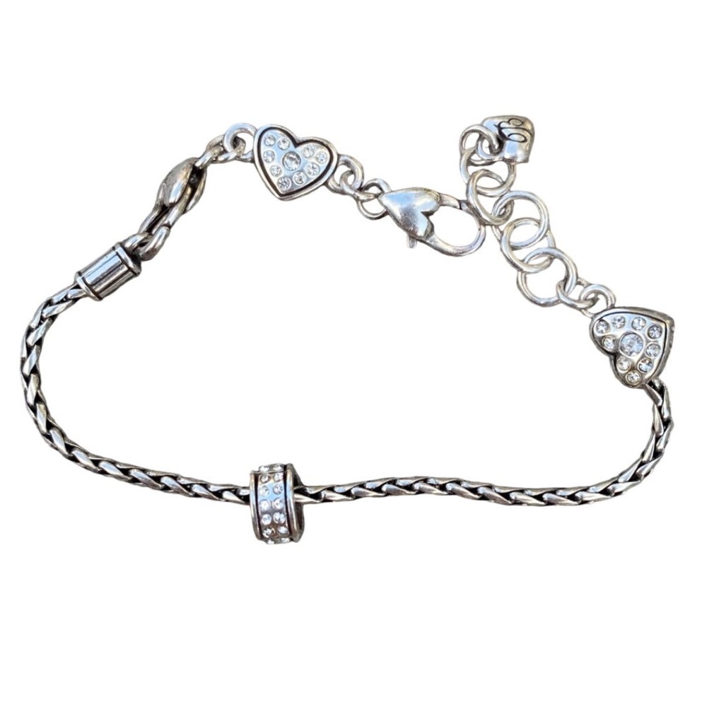 Brighton Silver Tone Heart Charm Bracelet Crystal Embellished‎ Adjustable Chain